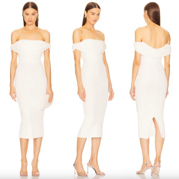 Michael Costello x REVOLVE | Laurence Midi Dress in Ivory Draped Neckline M - Picture 1 of 14